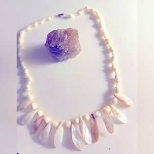 Vintage necklace Mother-of-Pearl white carved shell teardrops, oval beads, 20”